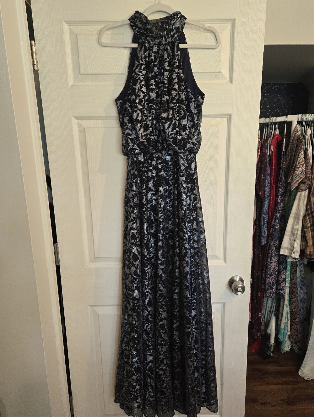 Betsy Adam Navy, Light Blue Metallic Floral Halter Maxi Dress Size 4